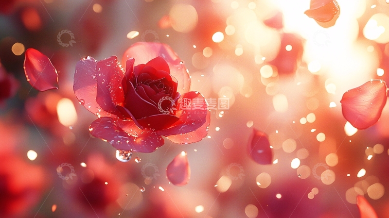 高清大图下载【趣麦麦图】红色玫瑰花瓣漂浮闪光背景