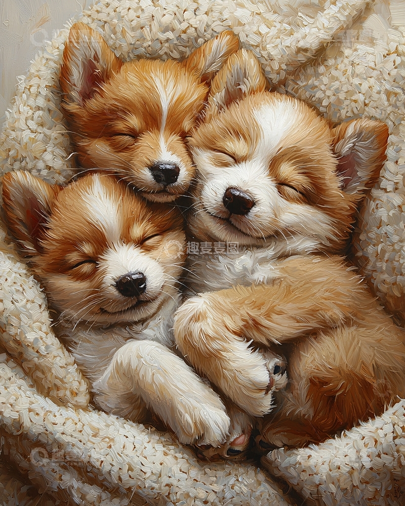 高清大图下载【趣麦麦图】三只小狗依偎着睡觉