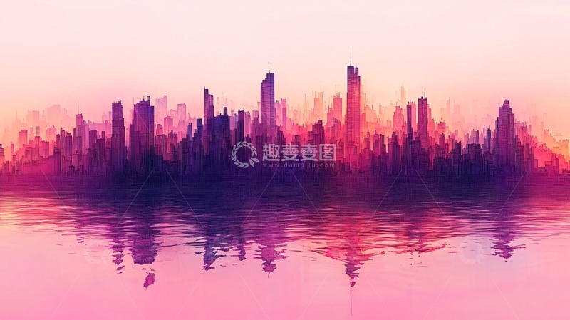 高清大图下载【趣麦麦图】梦幻紫粉色城市剪影