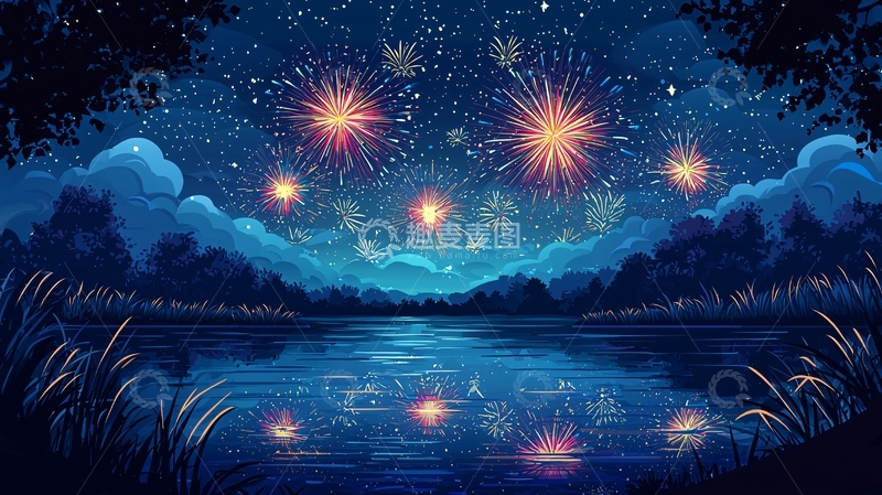高清大图下载【趣麦麦图】星空烟火湖景