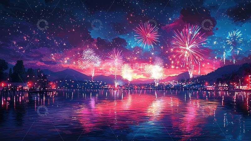 高清大图下载【趣麦麦图】梦幻烟花湖景
