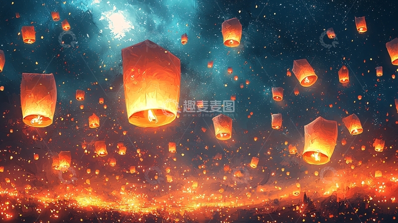 高清大图下载【趣麦麦图】夜空飞舞的许愿灯笼