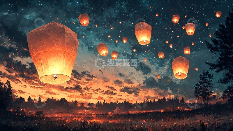 高清大图下载【趣麦麦图】夜空飞升的许愿灯笼