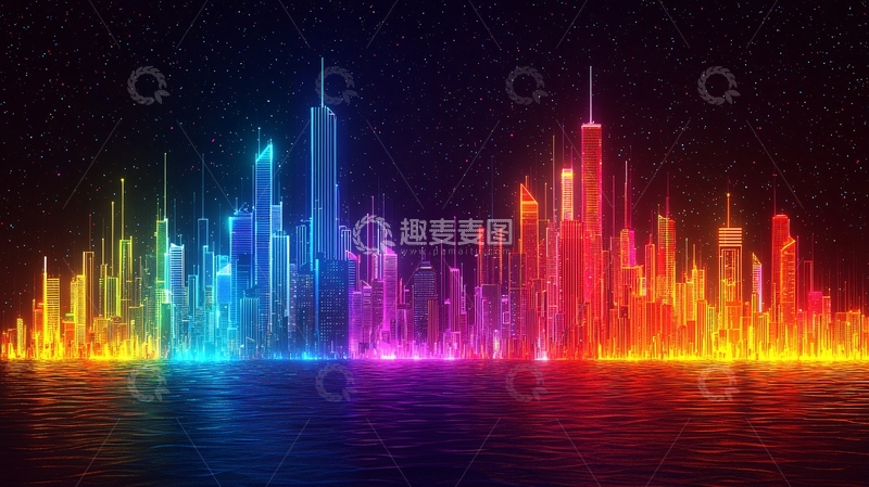 高清大图下载【趣麦麦图】彩虹霓虹灯城市夜景