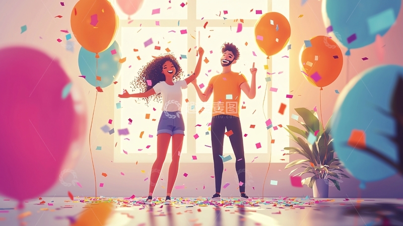 高清大图下载【趣麦麦图】彩色气球下欢庆的男女