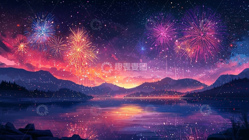 高清大图下载【趣麦麦图】梦幻星空烟火湖景