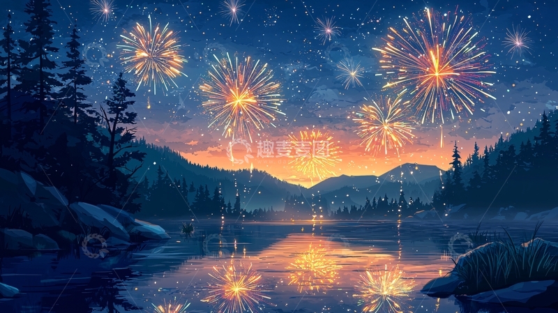 高清大图下载【趣麦麦图】星空烟火湖景