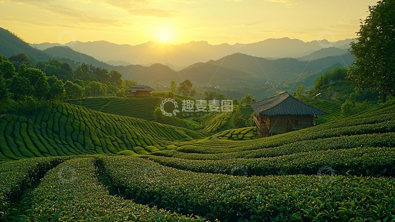 高清大图下载【趣麦麦图】日出茶园山峦景色