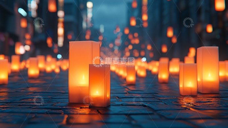 高清大图下载【趣麦麦图】夜幕下街道上排列的蜡烛灯