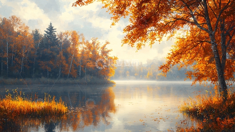 高清大图下载【趣麦麦图】秋日湖边树林景色