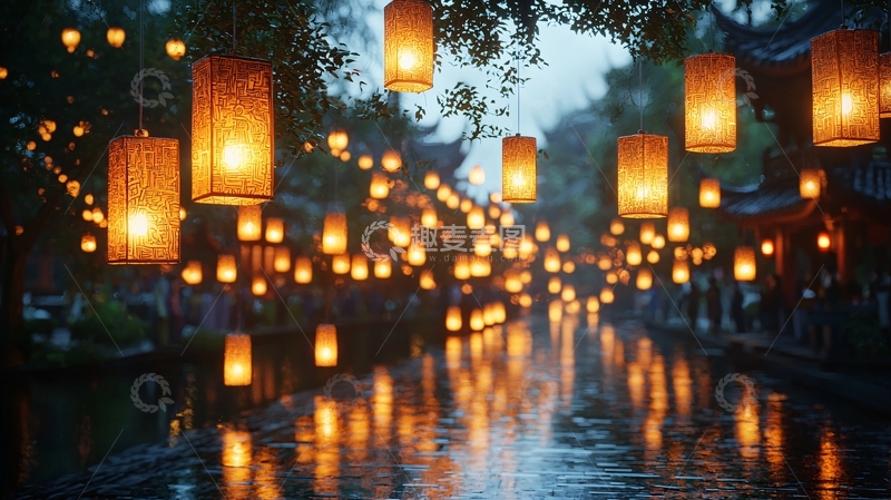 高清大图下载【趣麦麦图】古镇夜景灯笼倒影