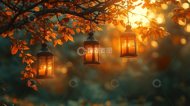 高清大图下载【趣麦麦图】秋日暖阳下的树枝灯笼