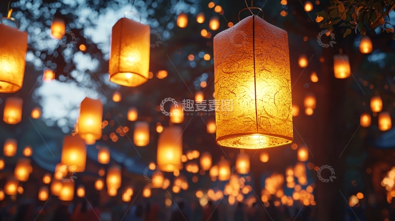 高清大图下载【趣麦麦图】夜空中飞舞的许愿灯笼