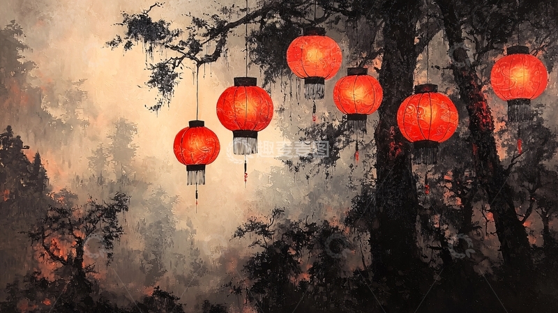 高清大图下载【趣麦麦图】水墨红灯笼
