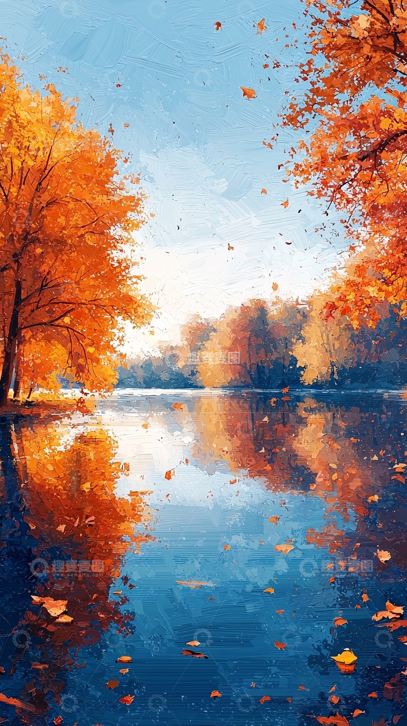 高清大图下载【趣麦麦图】秋日湖边枫叶倒影