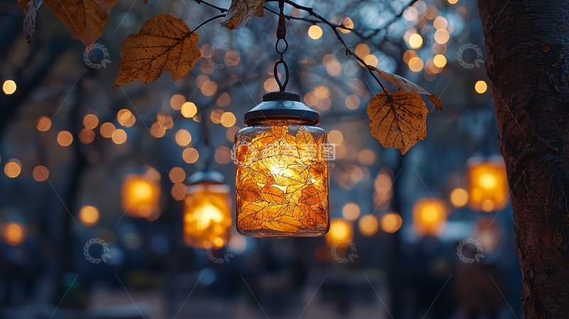 高清大图下载【趣麦麦图】秋叶灯笼暖光夜景