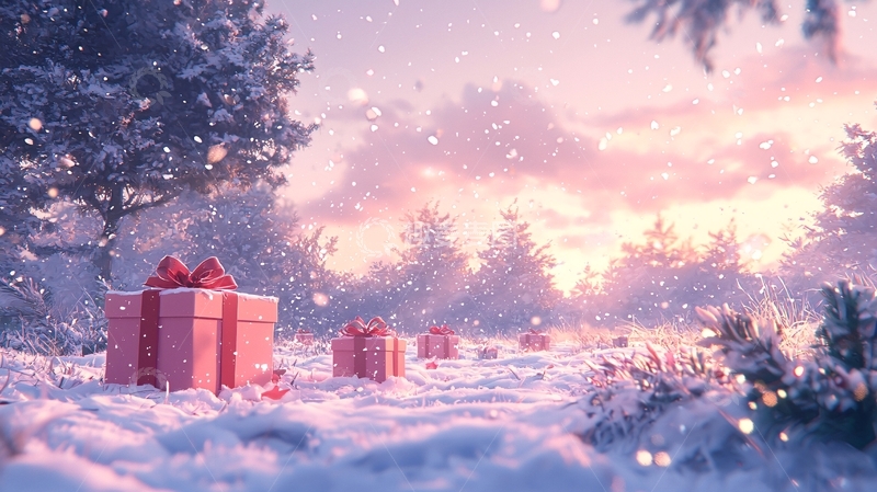 高清大图下载【趣麦麦图】雪地里的粉色圣诞礼物