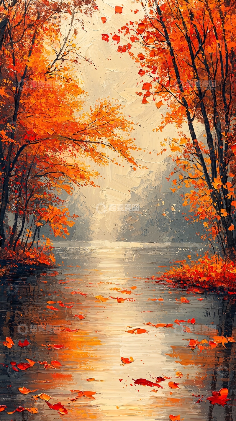 高清大图下载【趣麦麦图】秋日森林河流风景画