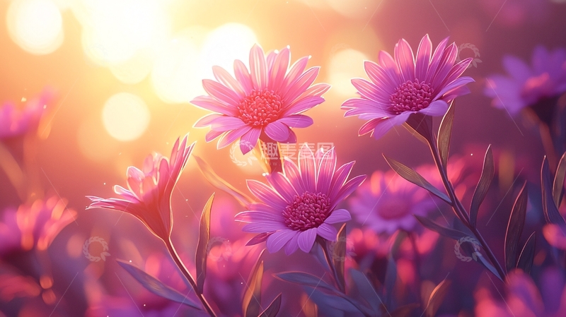 高清大图下载【趣麦麦图】夕阳下粉紫色雏菊花田