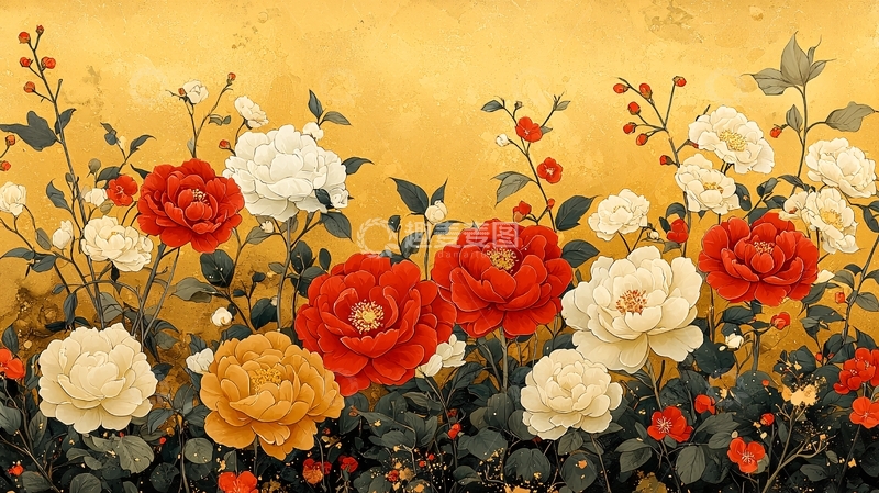 高清大图下载【趣麦麦图】金色背景红白玫瑰花卉