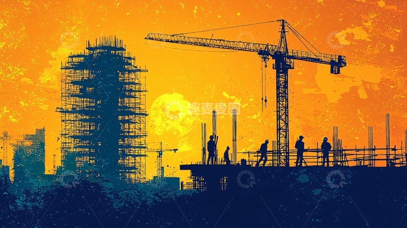 高清大图下载【趣麦麦图】夕阳下建筑工地剪影