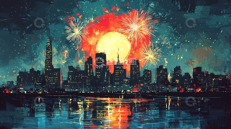 高清大图下载【趣麦麦图】夜空烟火城市剪影