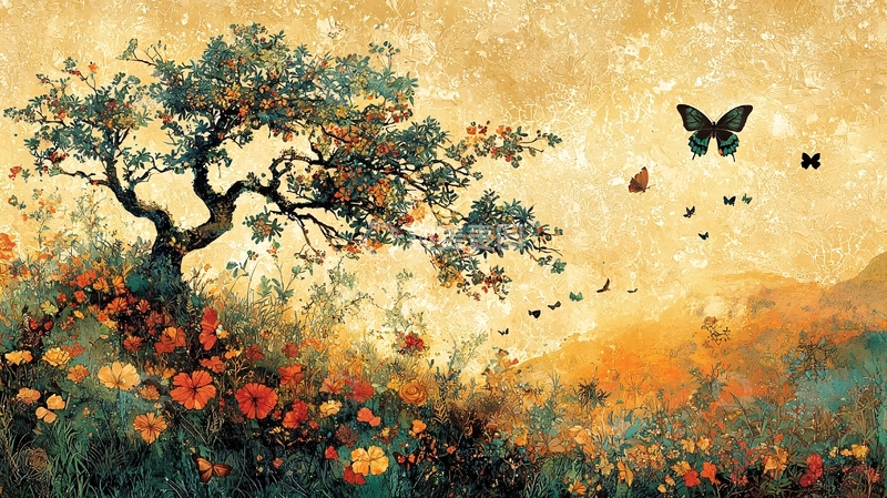 高清大图下载【趣麦麦图】油画风景树蝴蝶
