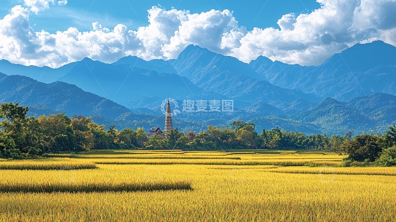 高清大图下载【趣麦麦图】金黄稻田山峦背景图