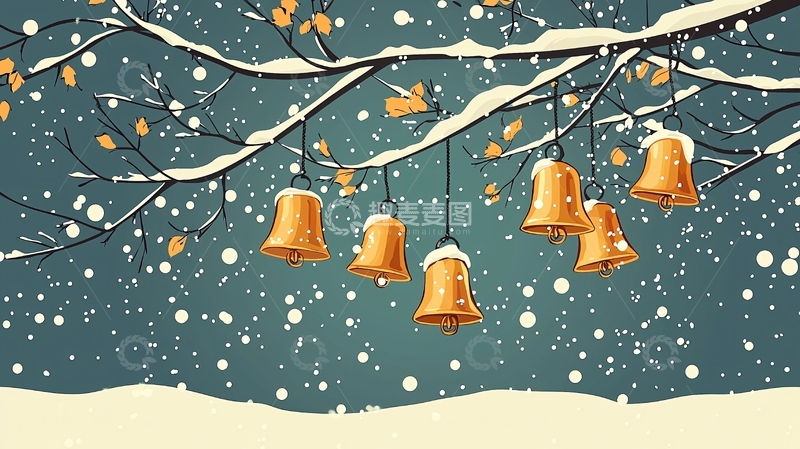 高清大图下载【趣麦麦图】雪中树枝上的金色铃铛