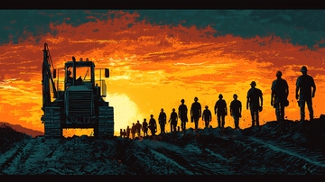 夕阳下施工队背影