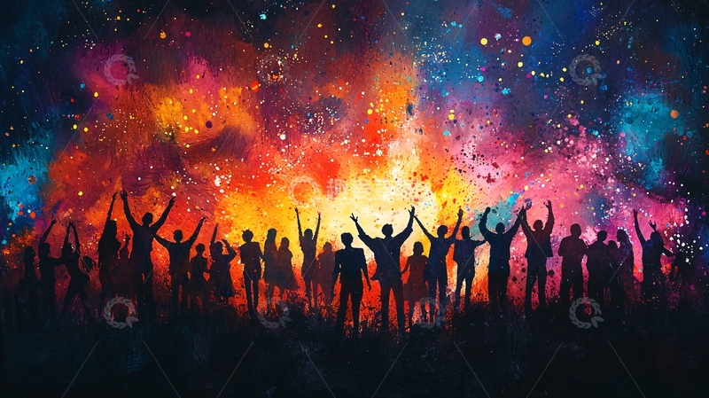 高清大图下载【趣麦麦图】彩色烟火人群欢庆