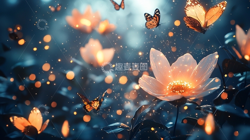 高清大图下载【趣麦麦图】梦幻萤火花朵蝴蝶