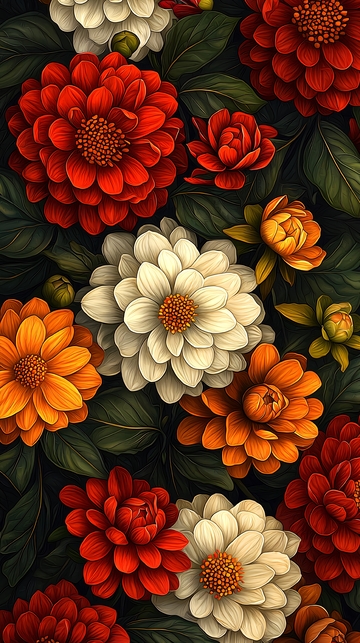 红白橙色大丽花花束