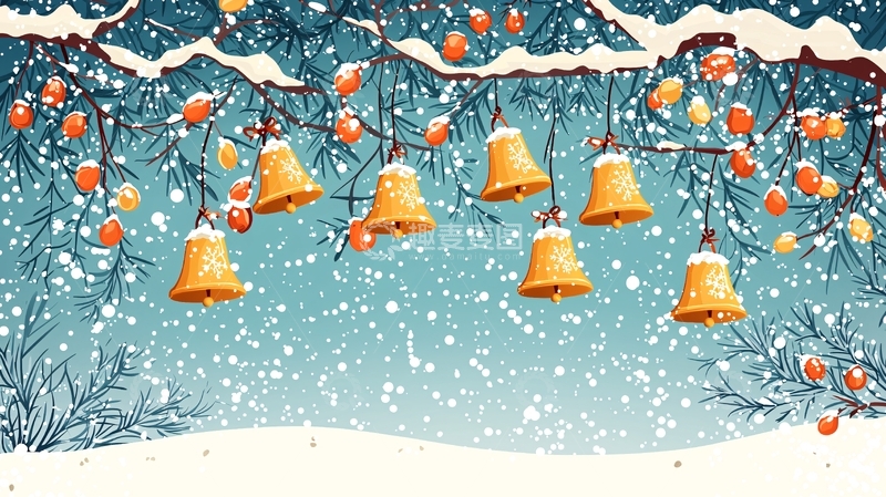 高清大图下载【趣麦麦图】冬日雪景金色铃铛