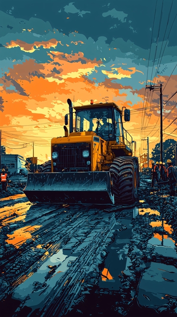 夕阳下工作的推土机