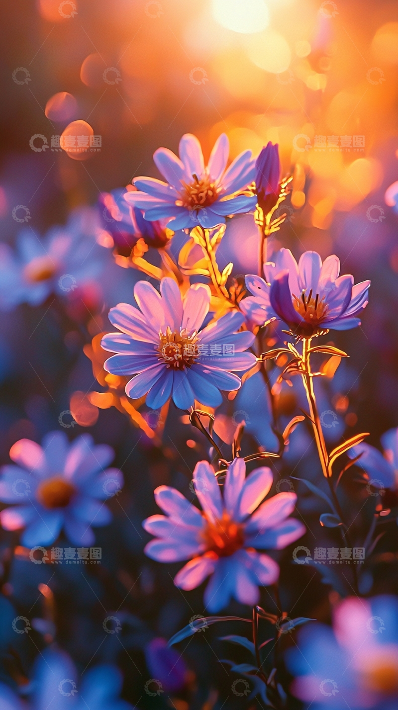 高清大图下载【趣麦麦图】日落余晖下的紫色雏菊花田