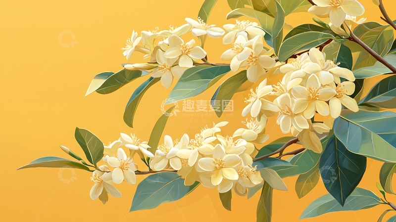 高清大图下载【趣麦麦图】淡黄色花朵与绿叶的清新画面