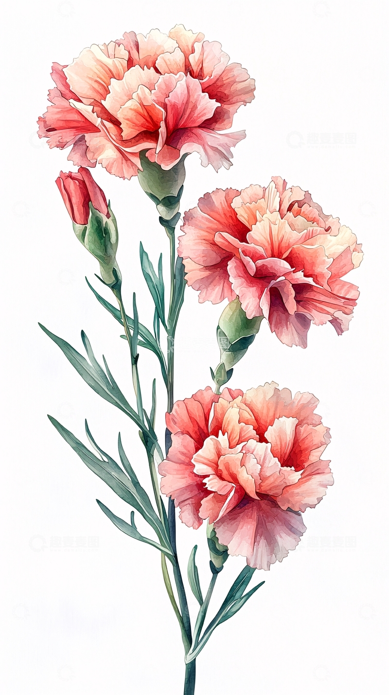 高清大图下载【趣麦麦图】粉色康乃馨水彩画