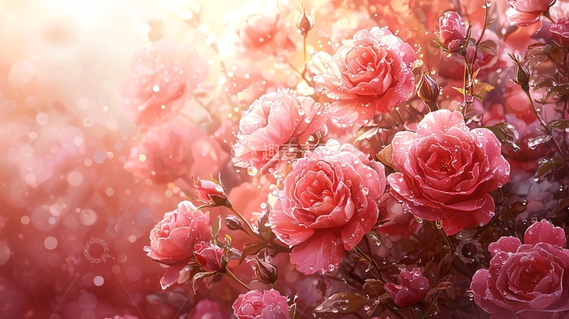 高清大图下载【趣麦麦图】阳光下的粉红色玫瑰花丛