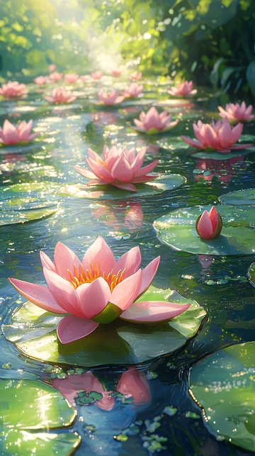 阳光下的粉色睡莲池塘