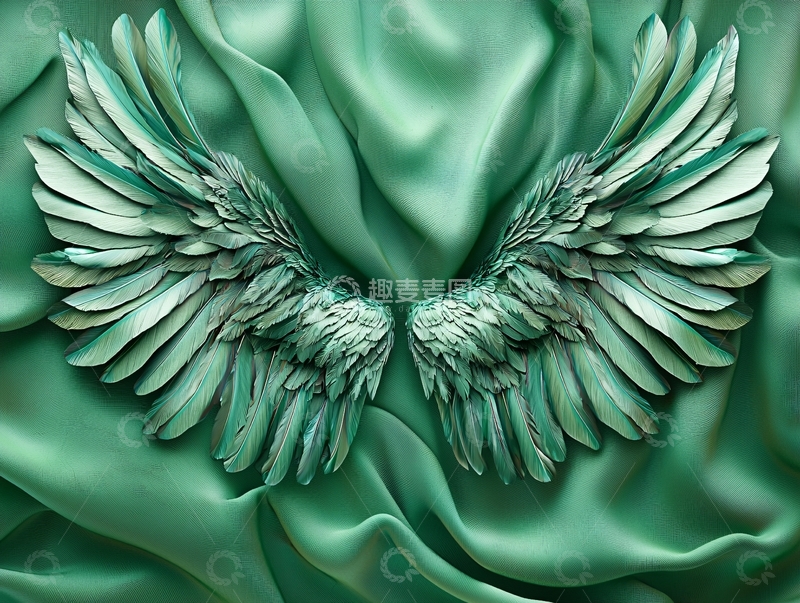 高清大图下载【趣麦麦图】青绿色丝绸背景上的翅膀