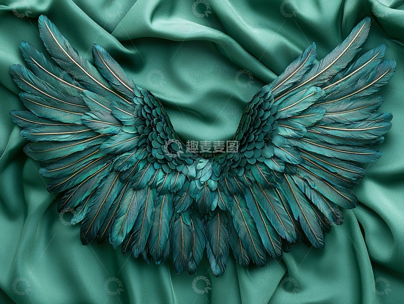 高清大图下载【趣麦麦图】青绿色丝绸上的一对翅膀