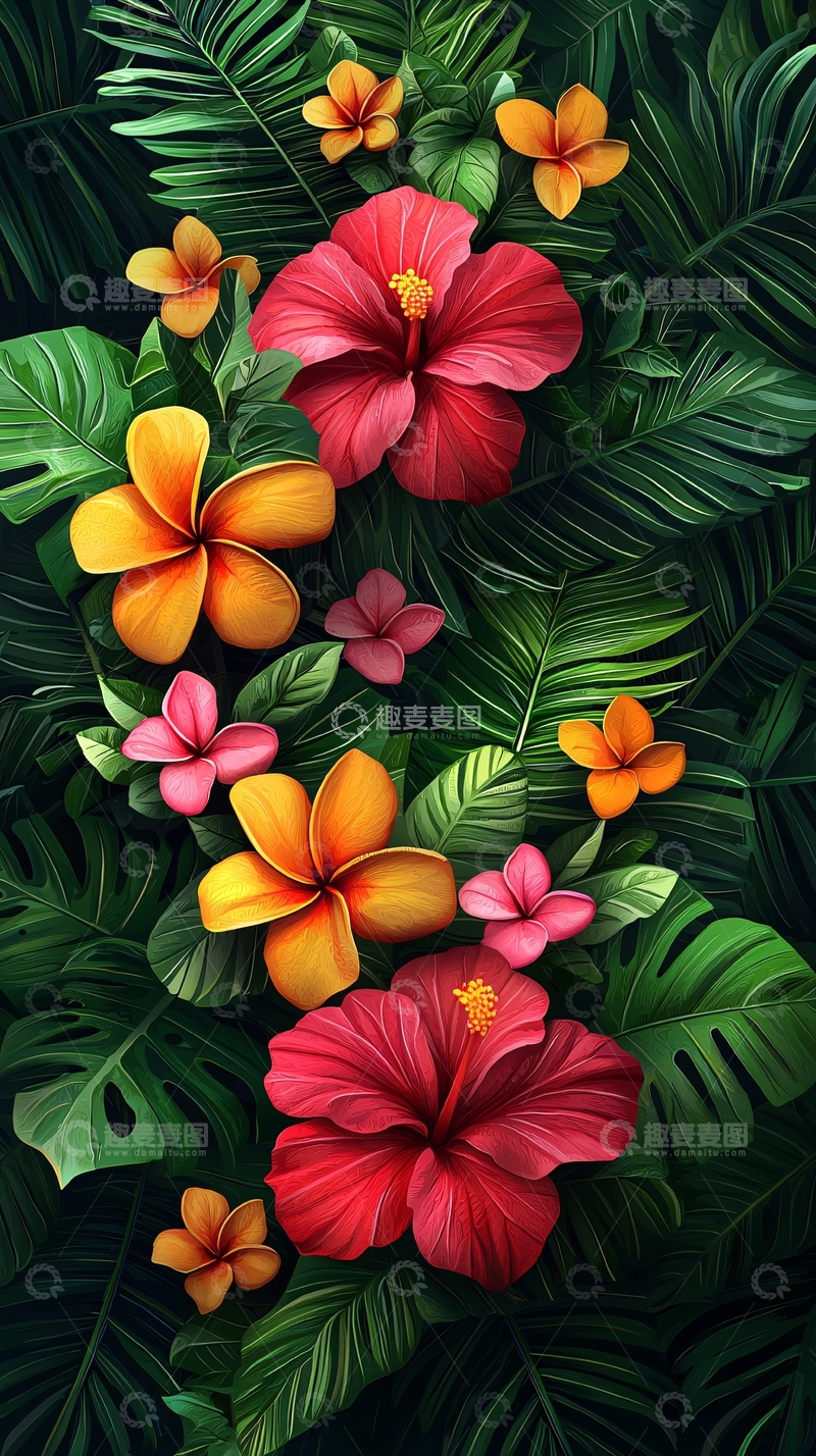 高清大图下载【趣麦麦图】热带花卉绿叶壁纸