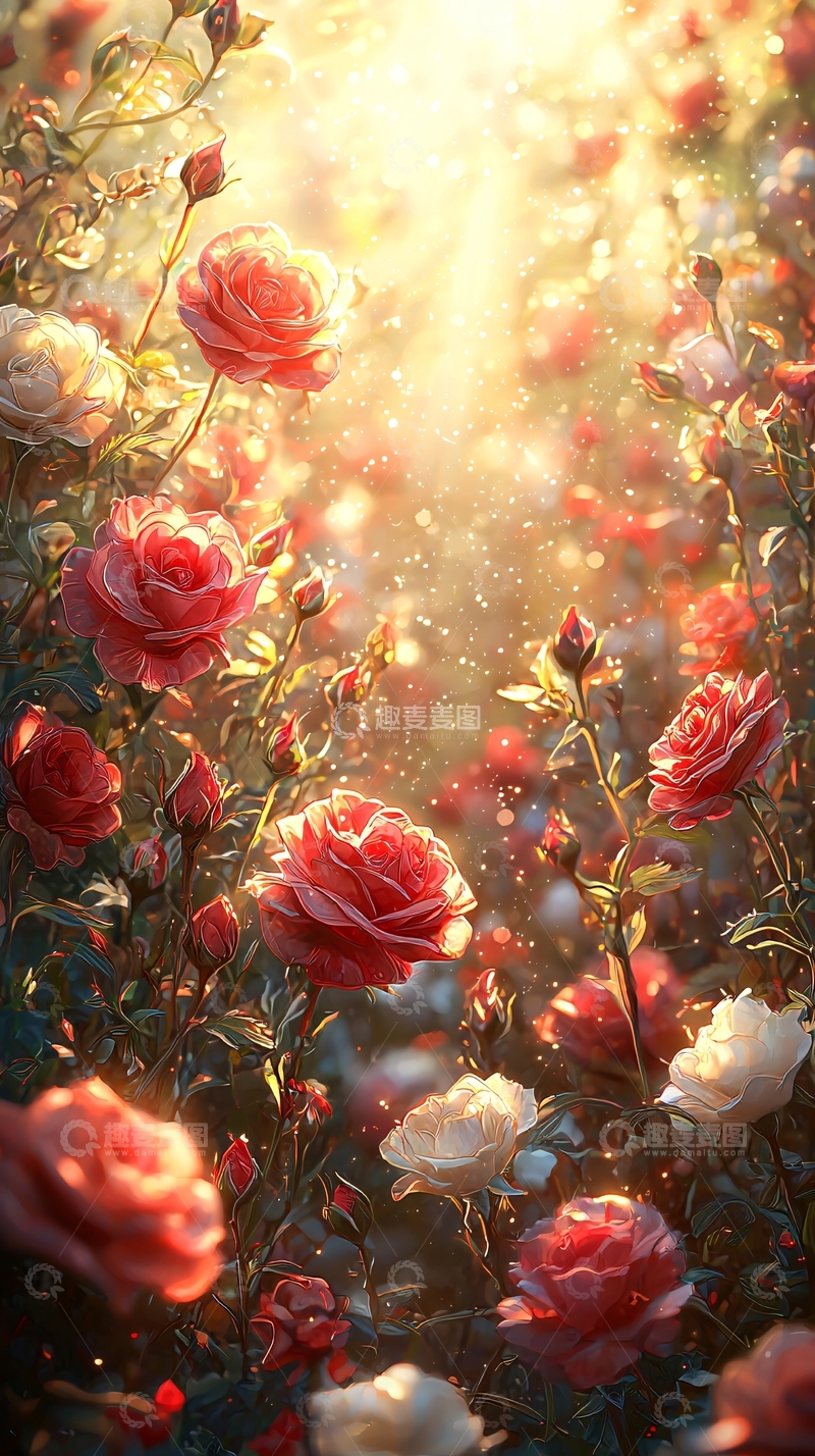 高清大图下载【趣麦麦图】阳光洒在玫瑰花丛中