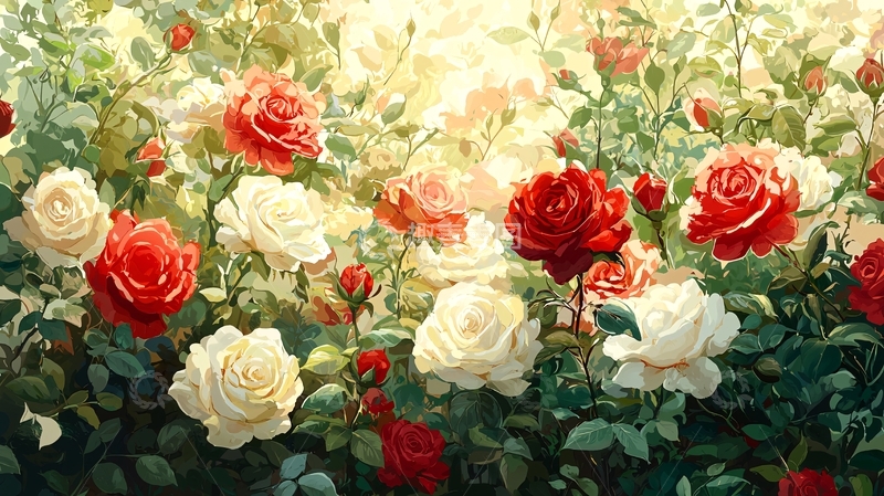 高清大图下载【趣麦麦图】阳光下的红白玫瑰花丛