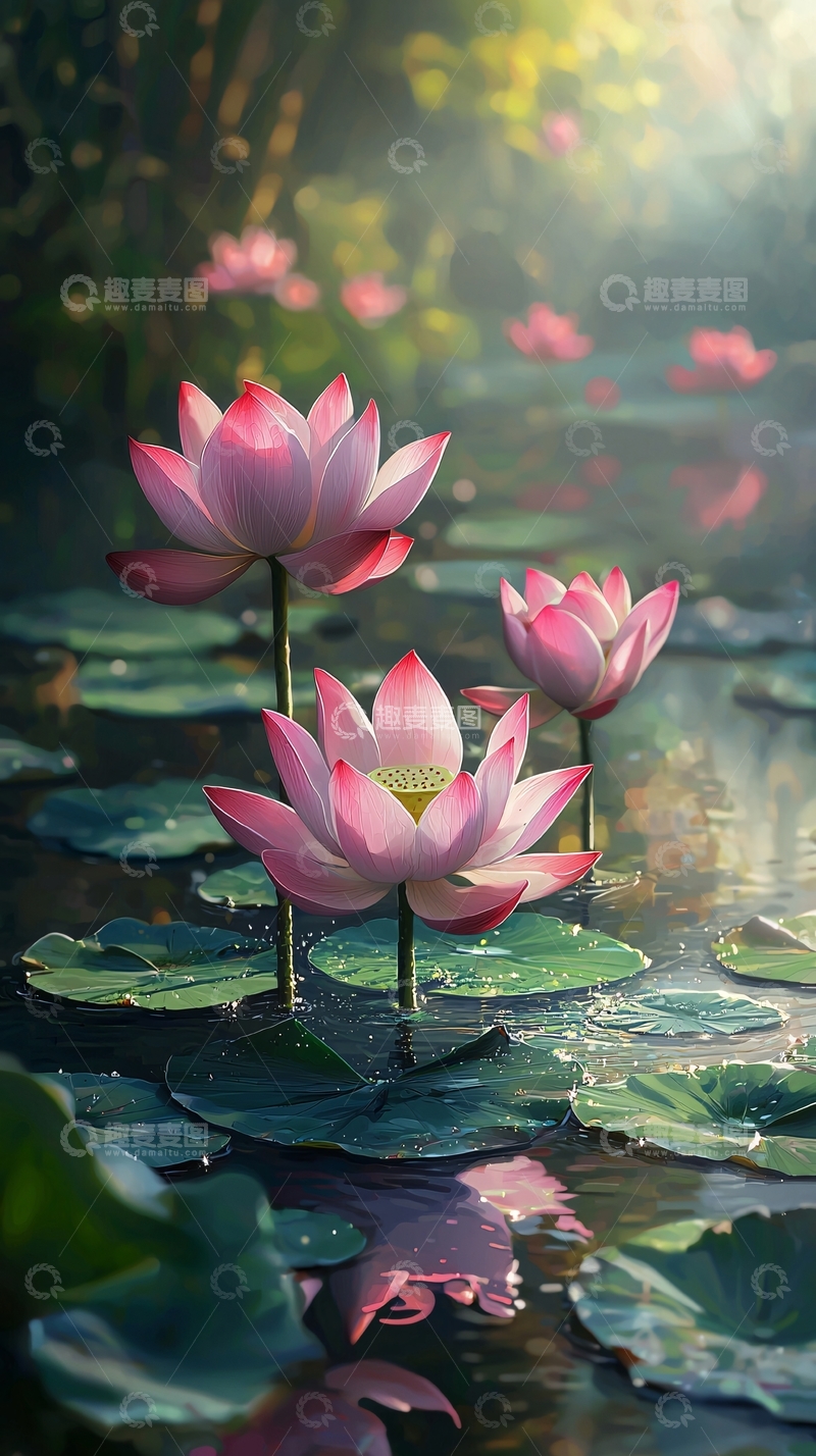 高清大图下载【趣麦麦图】清晨荷塘粉色莲花