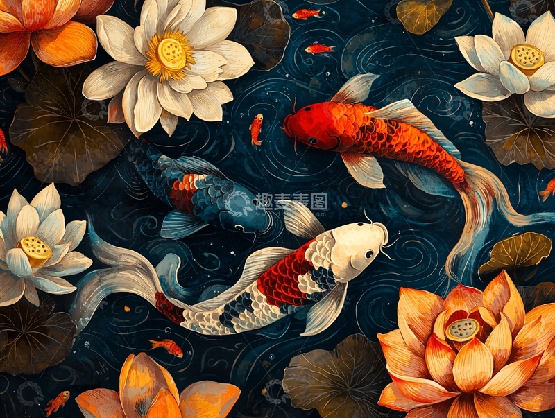 高清大图下载【趣麦麦图】水墨荷花鲤鱼图