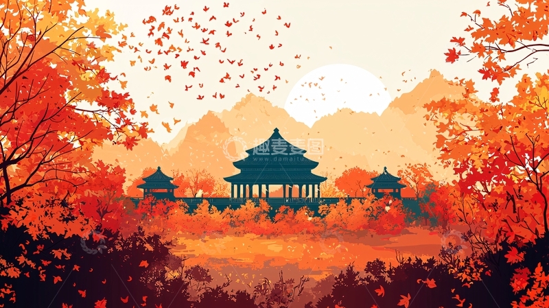 高清大图下载【趣麦麦图】秋日红叶古建筑山水画