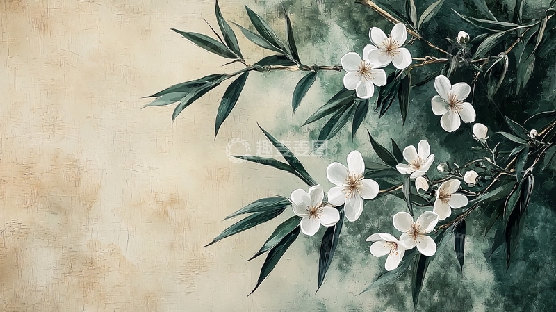 高清大图下载【趣麦麦图】水墨写意白花绿叶