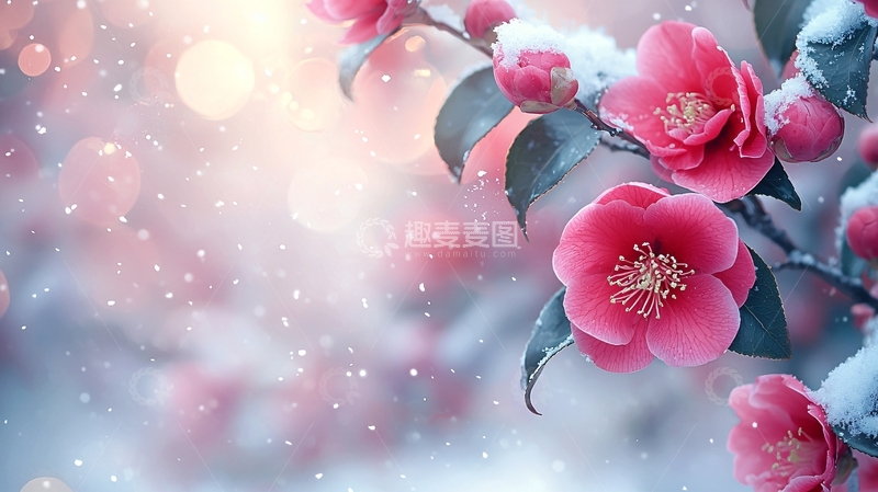 高清大图下载【趣麦麦图】冬日粉红山茶花雪景